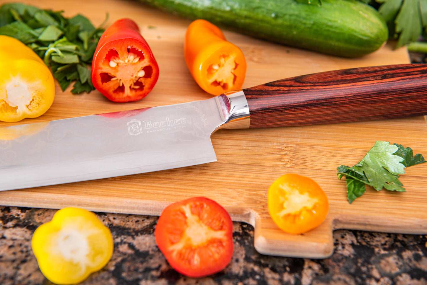 Nóż santoku, stal damasceńska 18 cm, brązowy