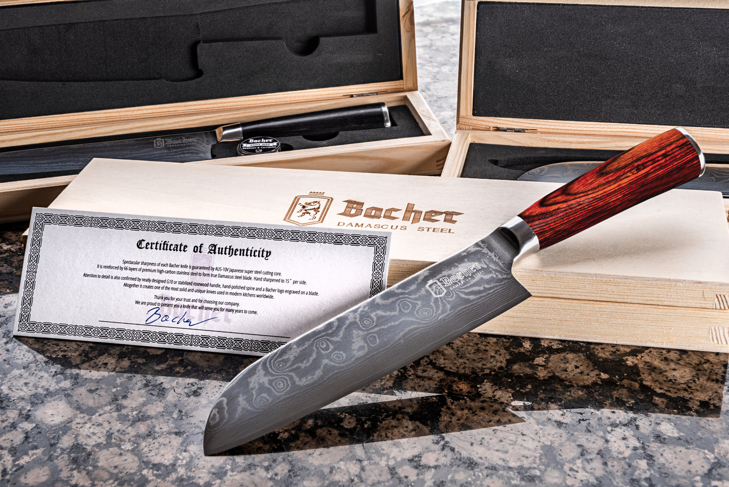 Nóż santoku, stal damasceńska 18 cm, brązowy