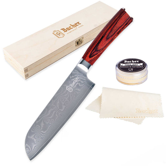 Nóż santoku, stal damasceńska 18 cm, brązowy