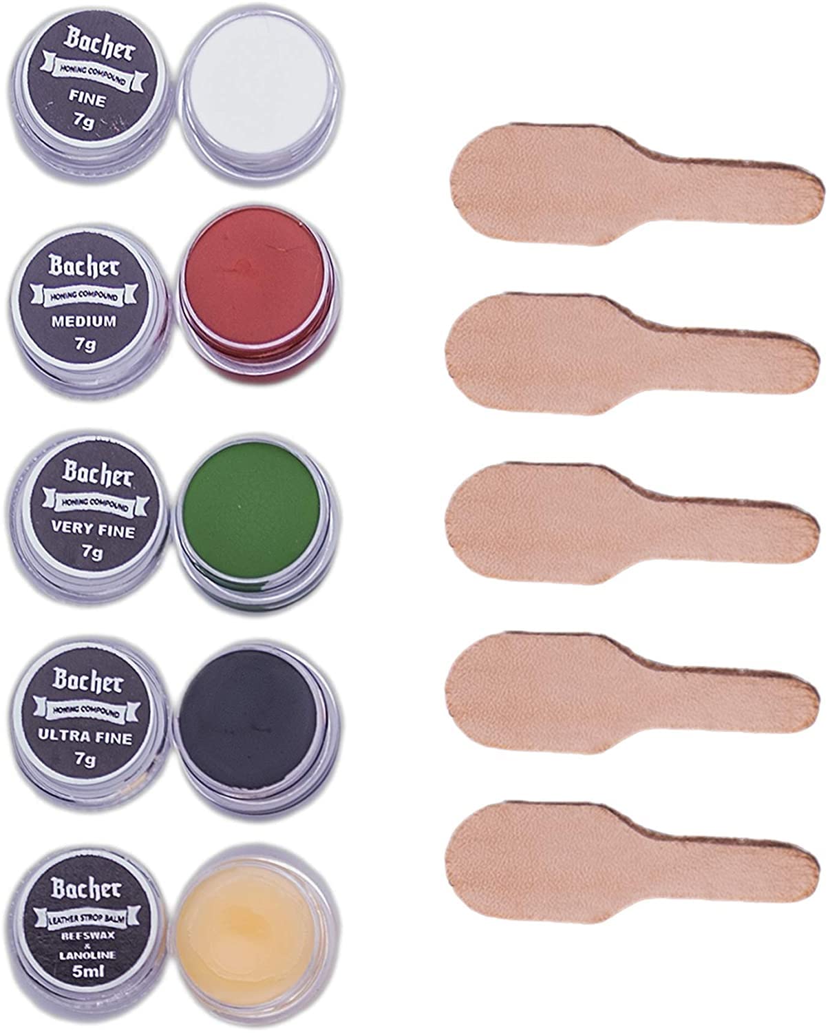 Honing compounds for polishing knives on leather, set 4x7g pastes + leather strop balm