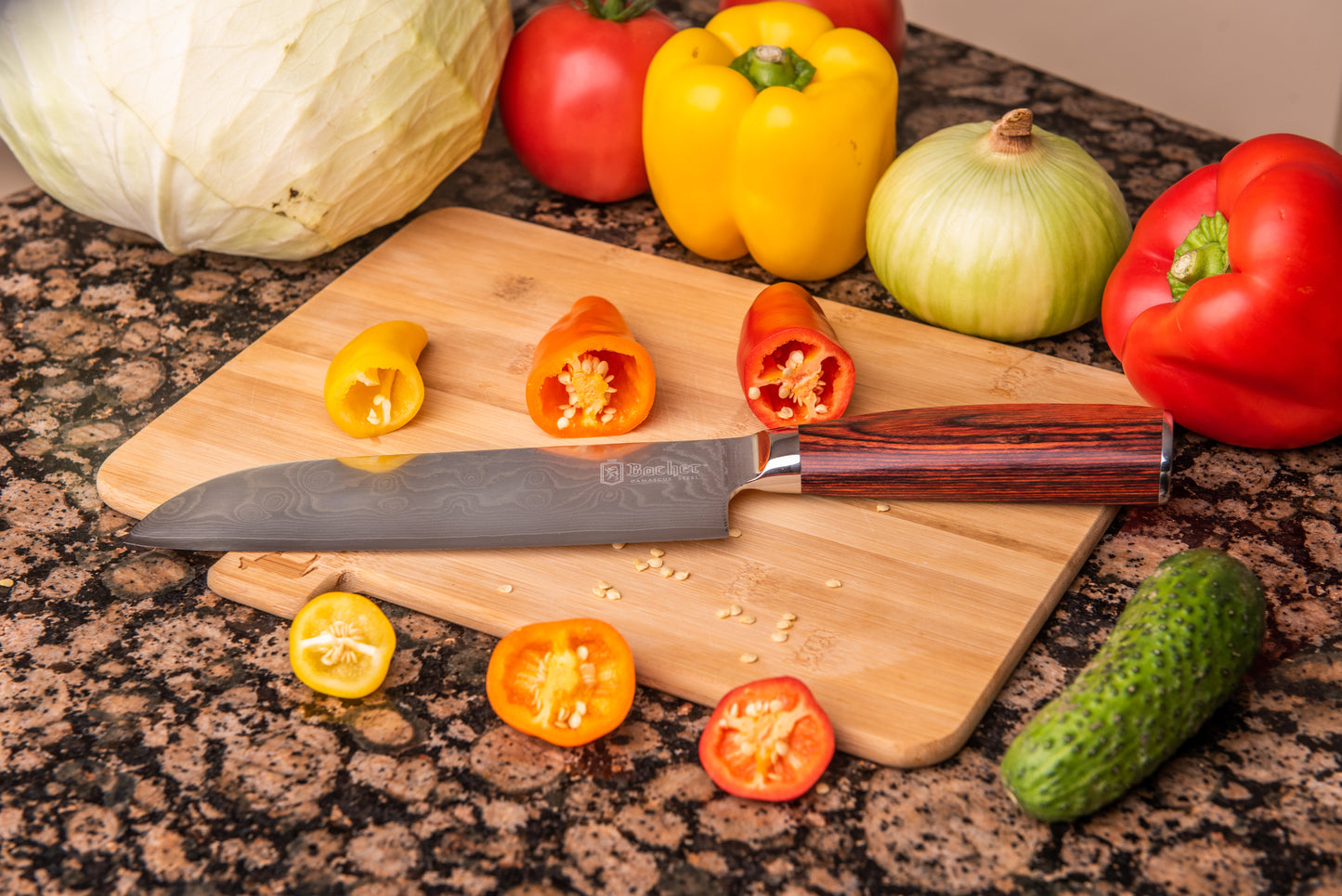 Santoku knife, Damascus steel 18 cm, brown