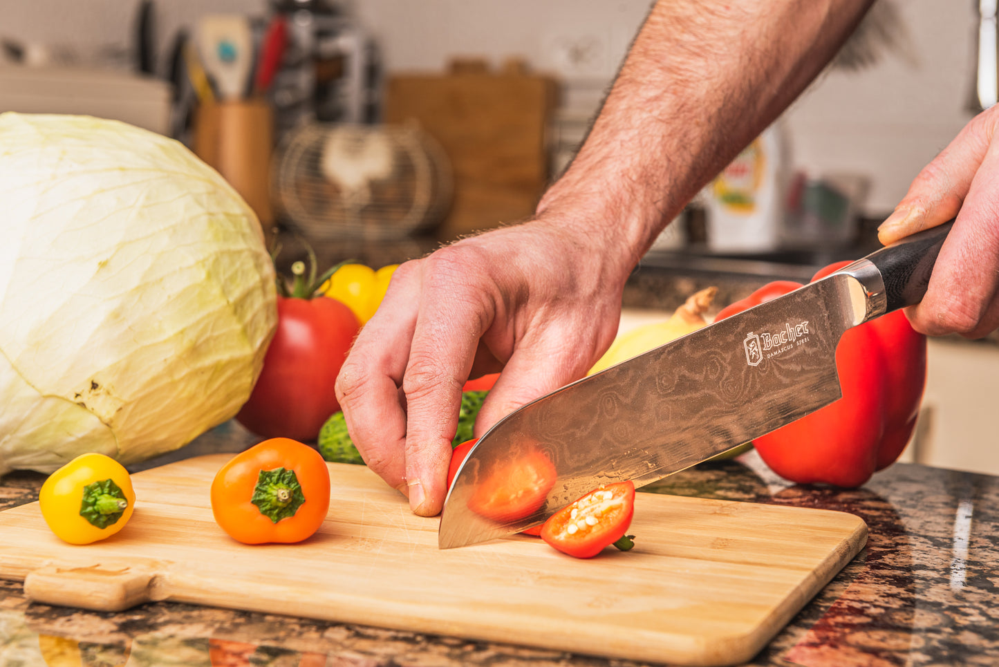 Santoku knife, Damascus steel 18 cm, black