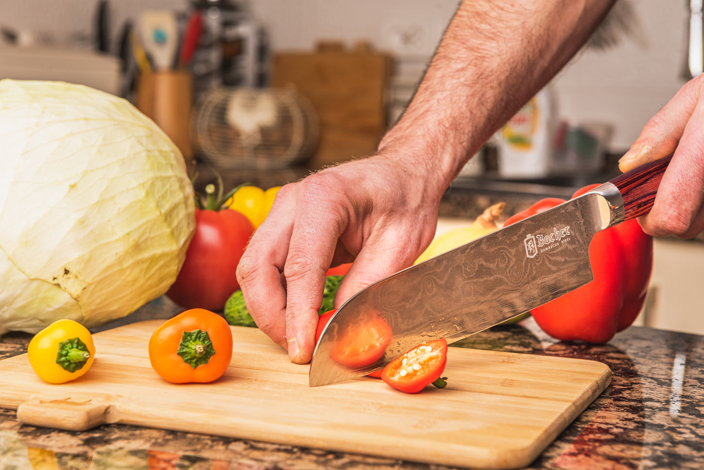 Santoku knife, Damascus steel 18 cm, brown