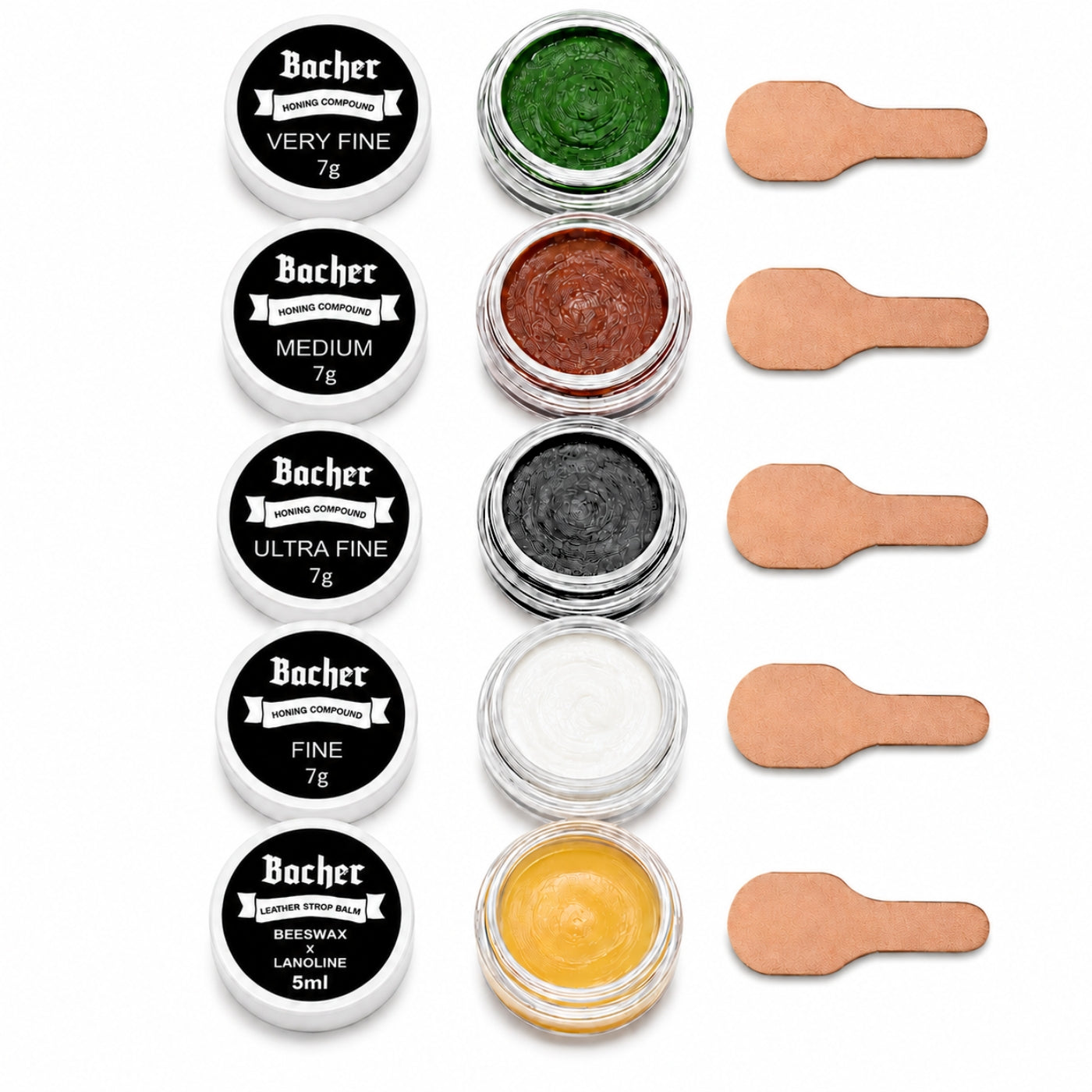 Honing compounds for polishing knives on leather, set 4x7g pastes + leather strop balm