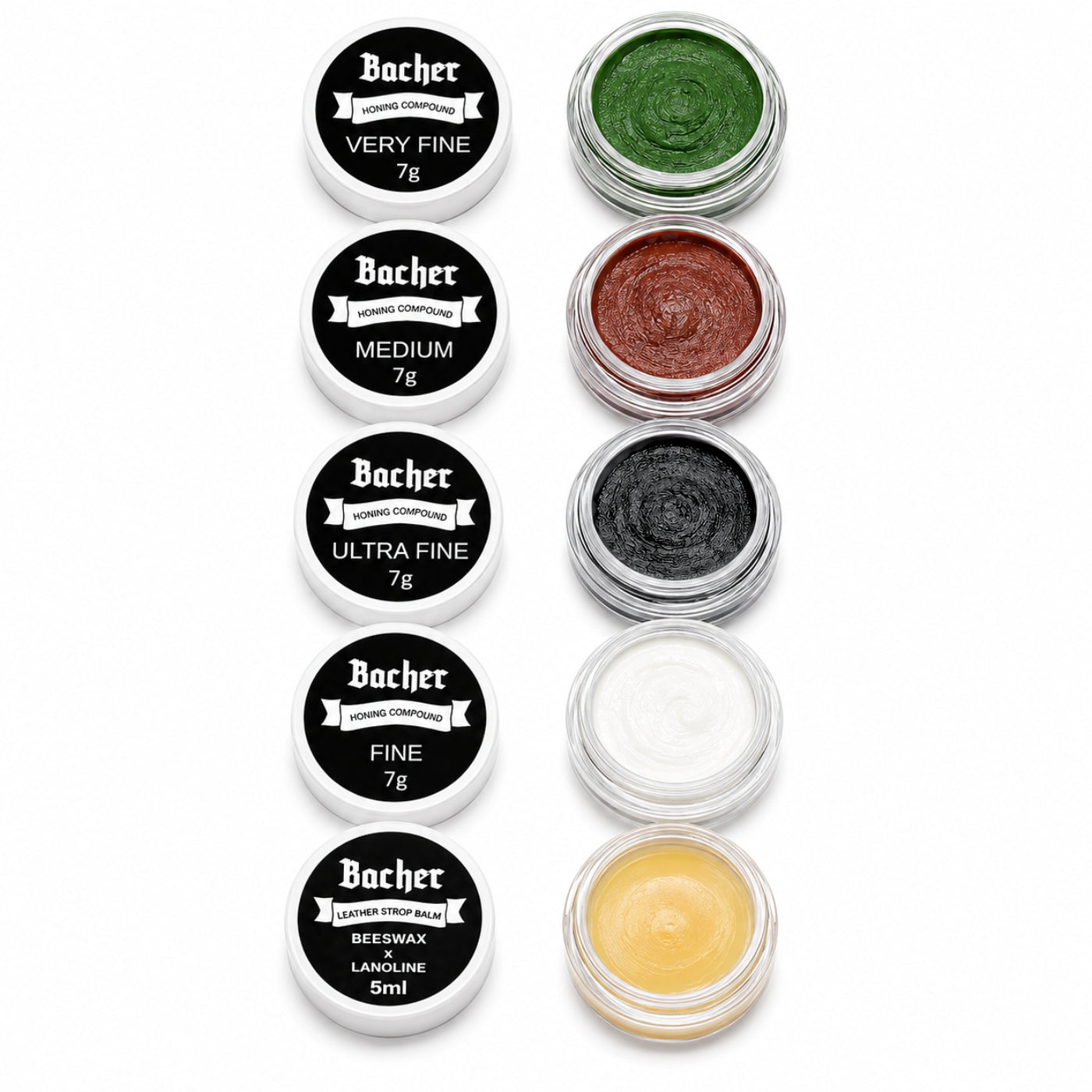 Honing compounds for polishing knives on leather, set 4x7g pastes + leather strop balm