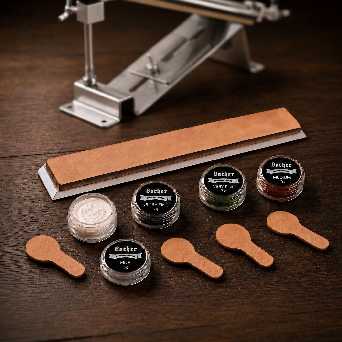Leather strop with base for knife sharpening systems, set of 1 pcs. system stones + honing compounds
