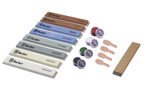 Whetstones with base for knife sharpening systems, set of 8 pcs. system stones + leather strop + honing compounds