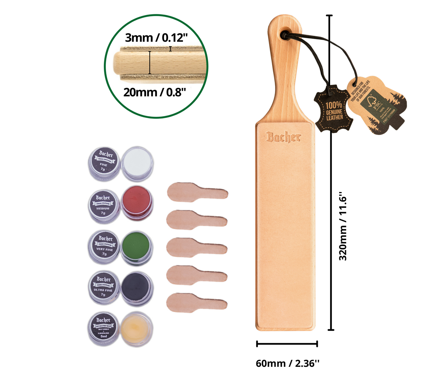 Double-sided leather strop for polishing knives, with a set of honing compounds