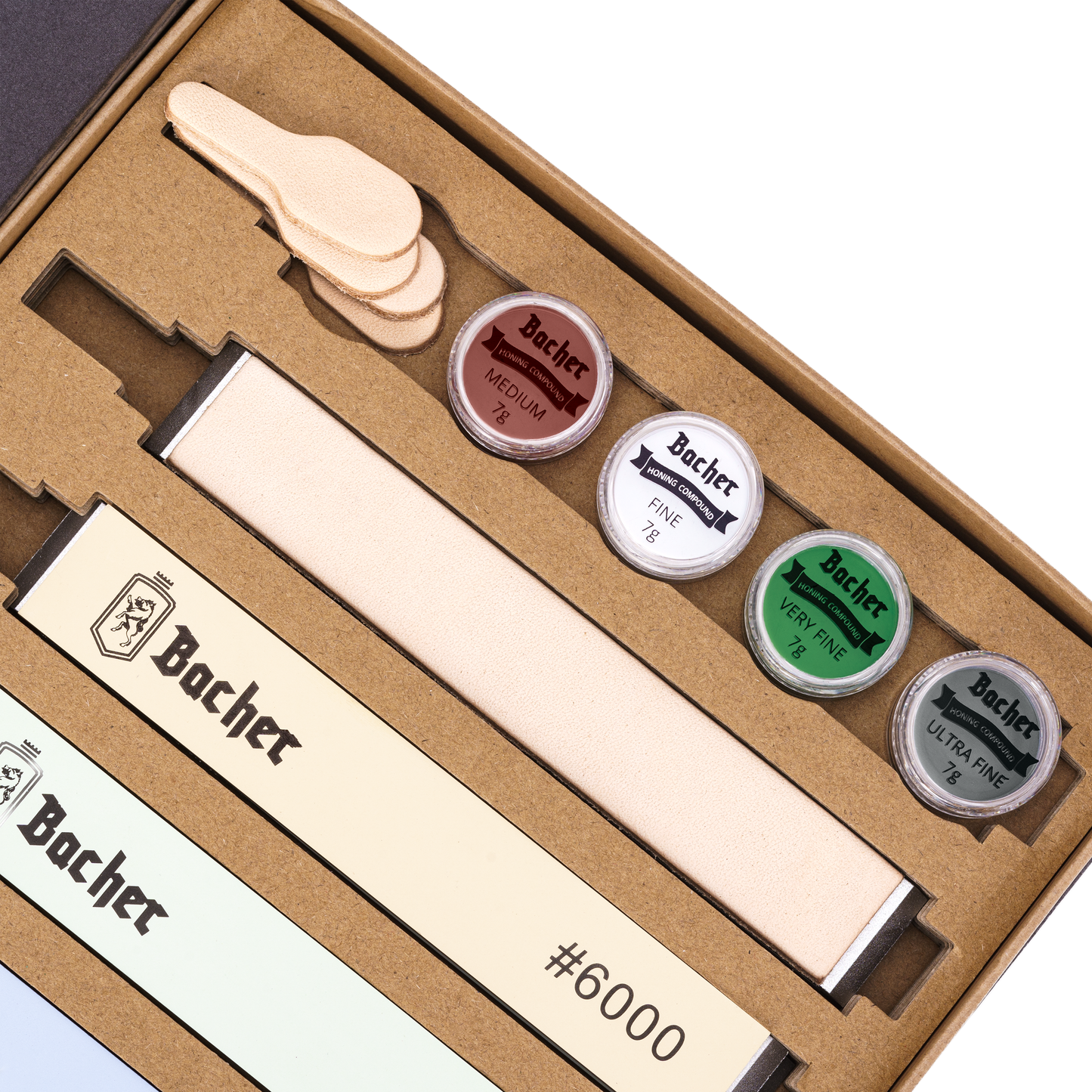 Whetstones with base for knife sharpening systems, set of 8 pcs. system stones + leather strop + honing compounds