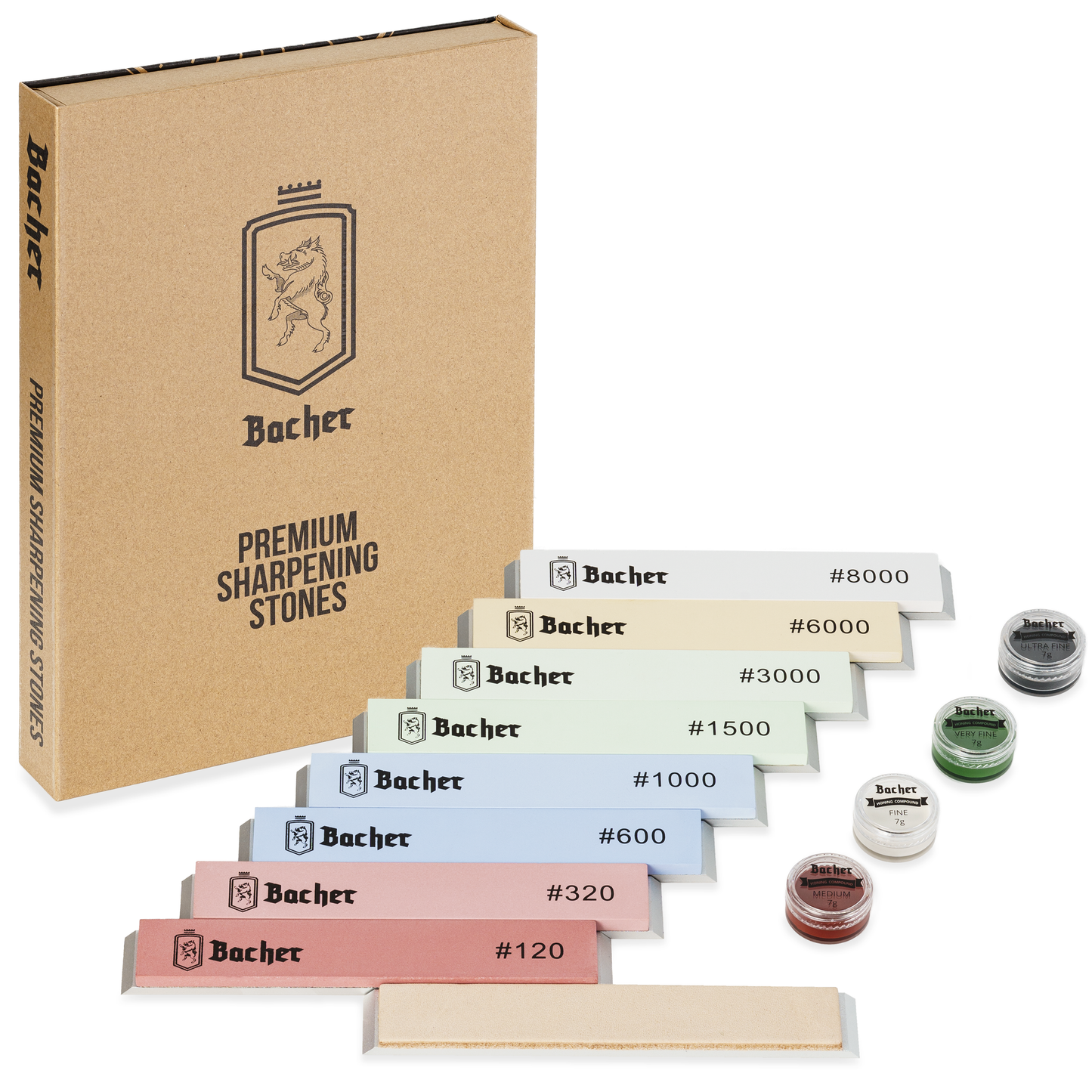 Whetstones with base for knife sharpening systems, set of 8 pcs. system stones + leather strop + honing compounds