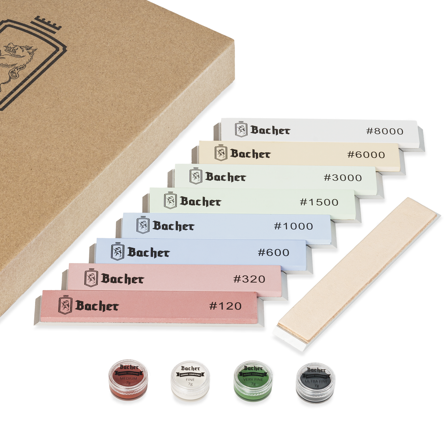 Whetstones with base for knife sharpening systems, set of 8 pcs. system stones + leather strop + honing compounds