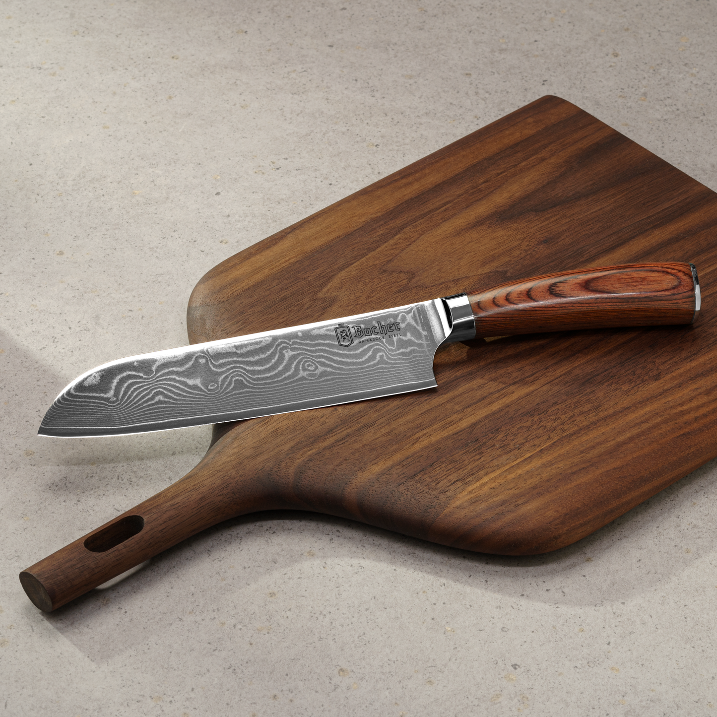 Santoku knife, Damascus steel 18 cm, brown