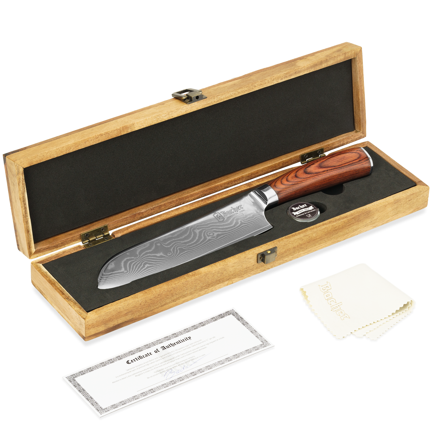 Santoku knife, Damascus steel 18 cm, brown