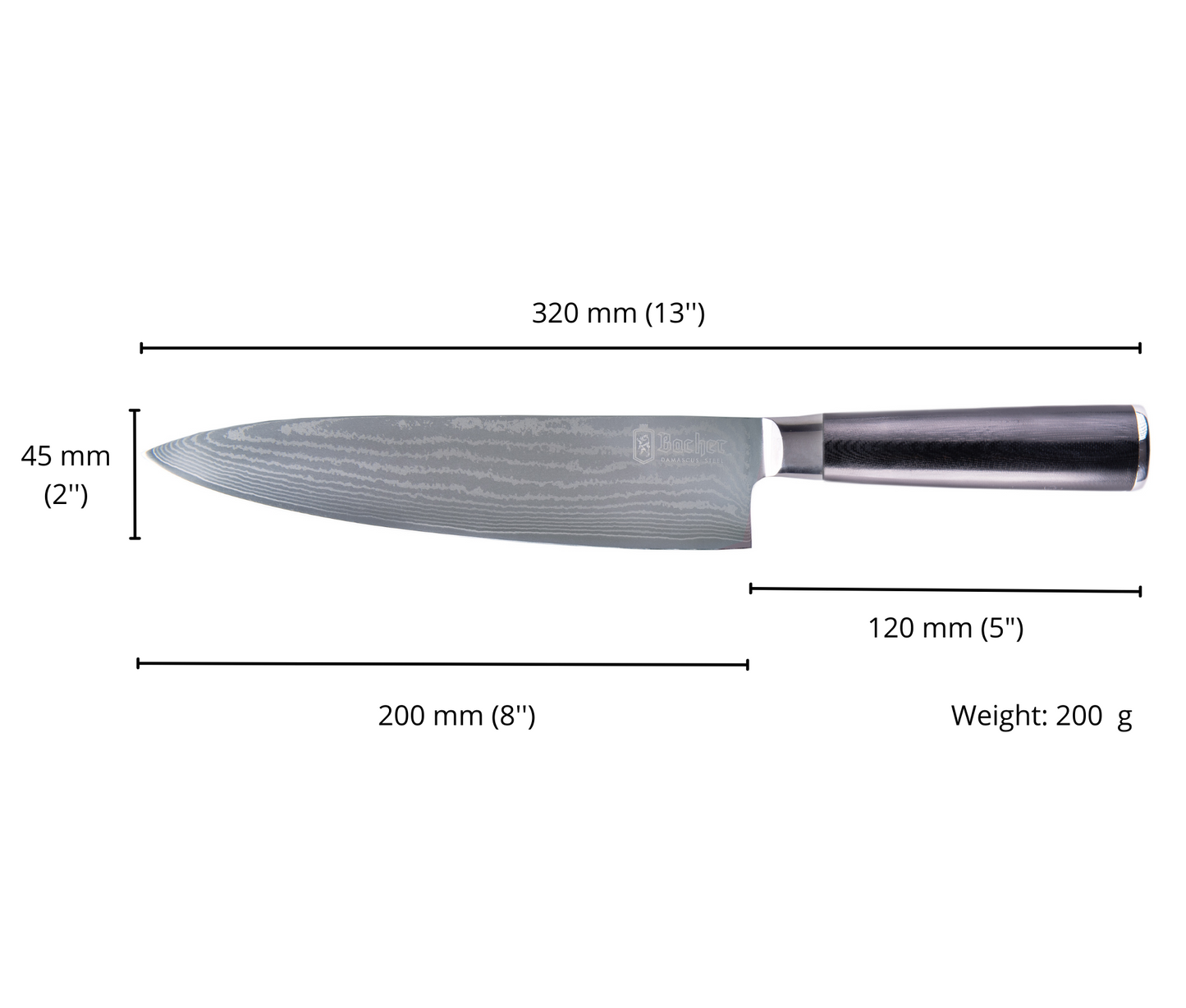 Chef's knife, Damascus steel 20 cm, black