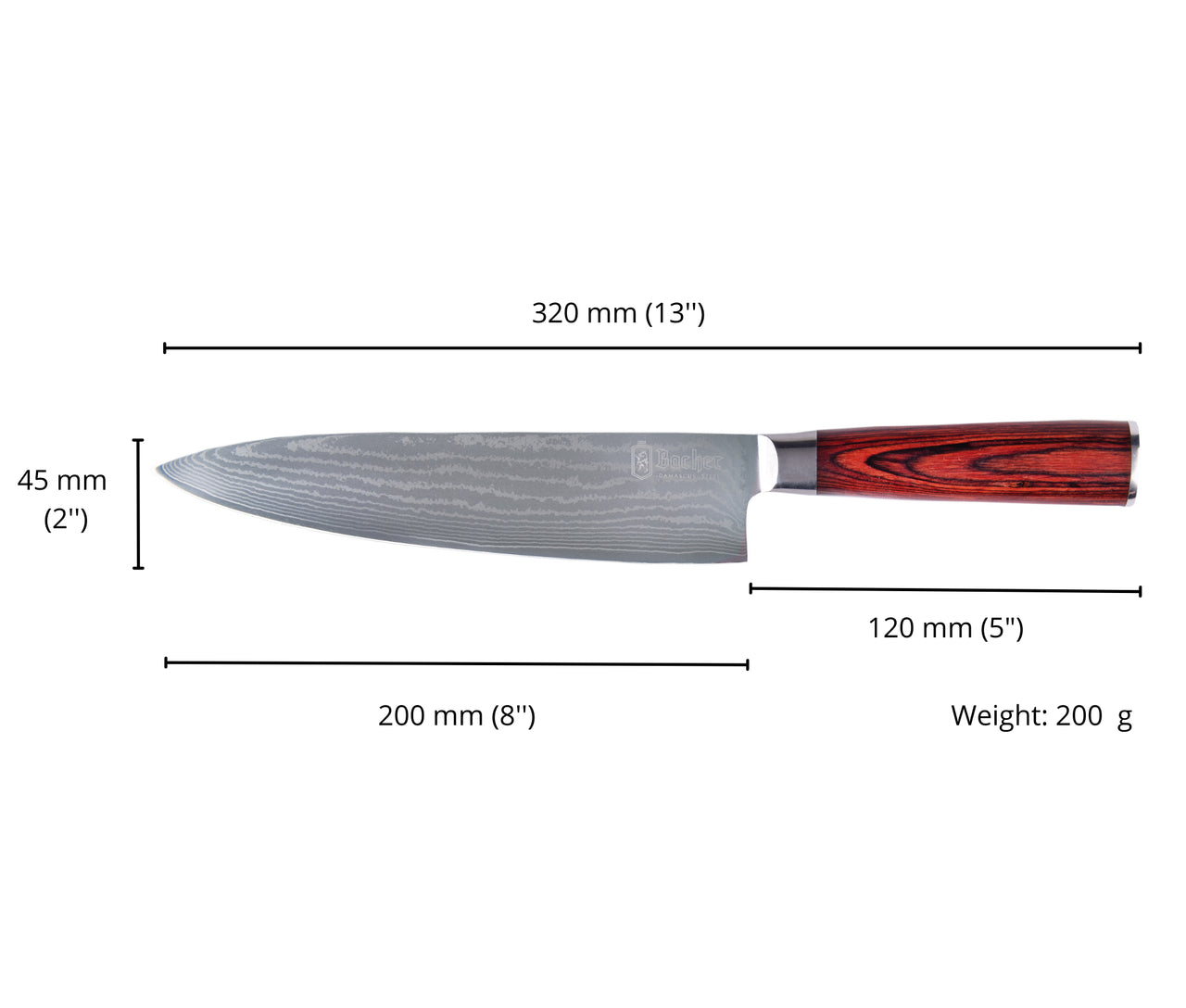 Chef's knife, Damascus steel 20 cm, brown